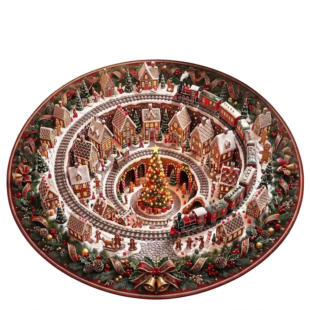 Kerstmis peperkoekmannetje stadje ronde gequilted vloerkleed in crystal velvet