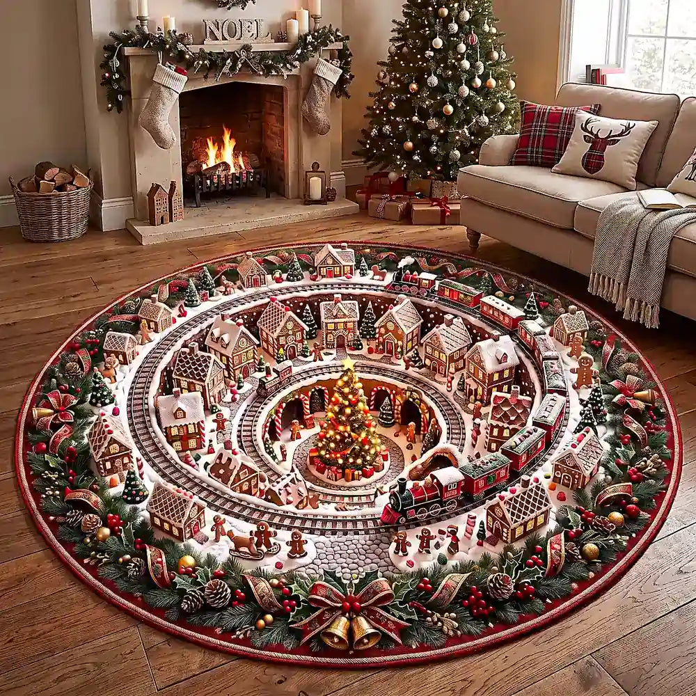 Kerstmis peperkoekmannetje stadje ronde gequilted vloerkleed in crystal velvet 2
