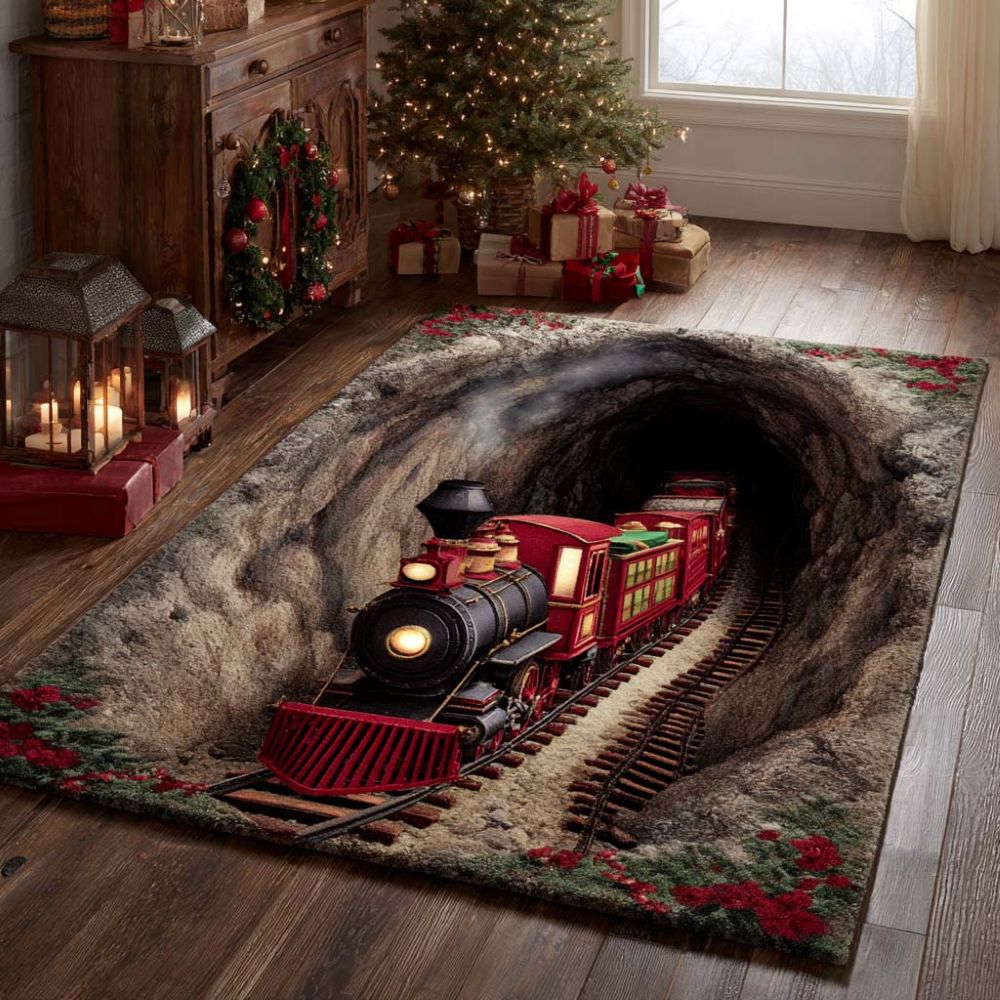 Feestelijk 3D illusie kerstmis portaal vloerkleed met tunnelrit ontwerp