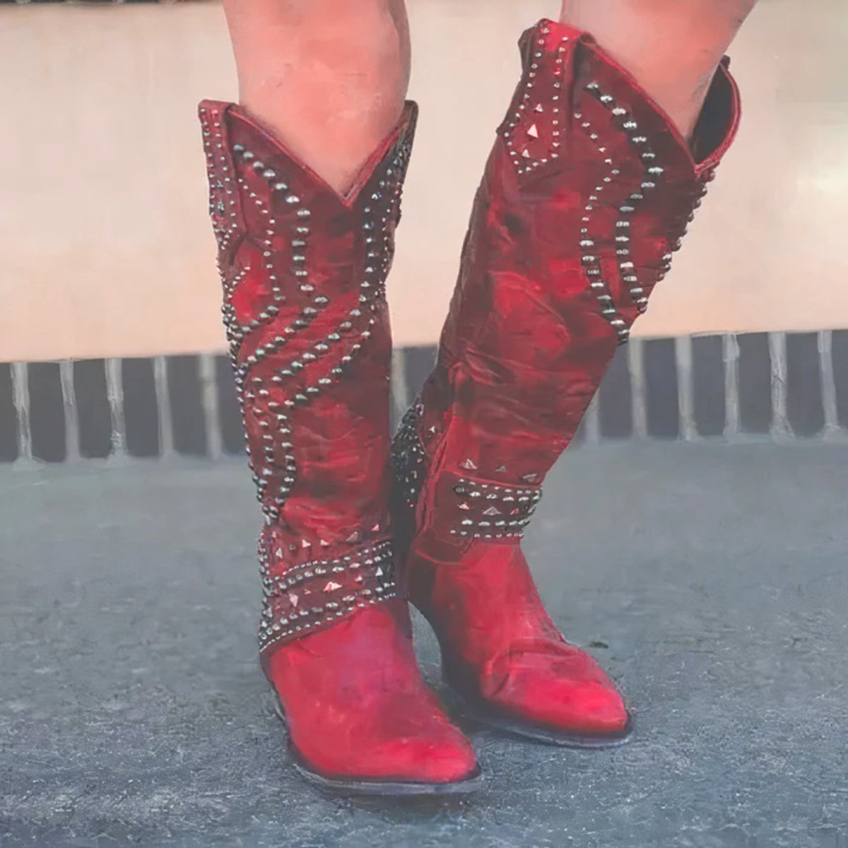 Kniehoge western-laarzen dames met studs - stabiele blokhak