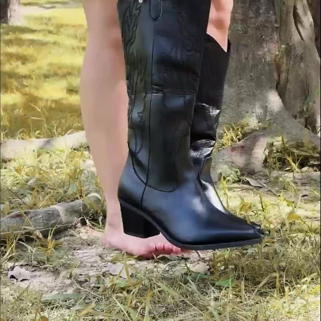 Kunstleer cowboylaarzen dames kniehoog - brede kuit met borduursel