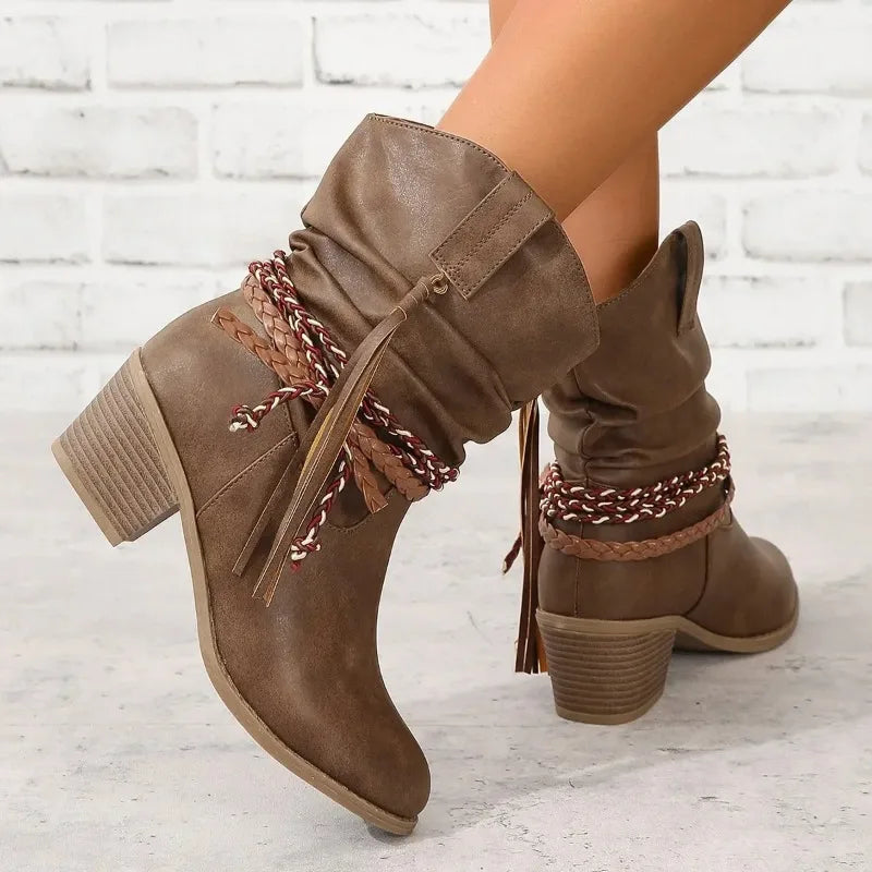 Kunstleer western laarzen dames boho stijl - met franjes en vlecht