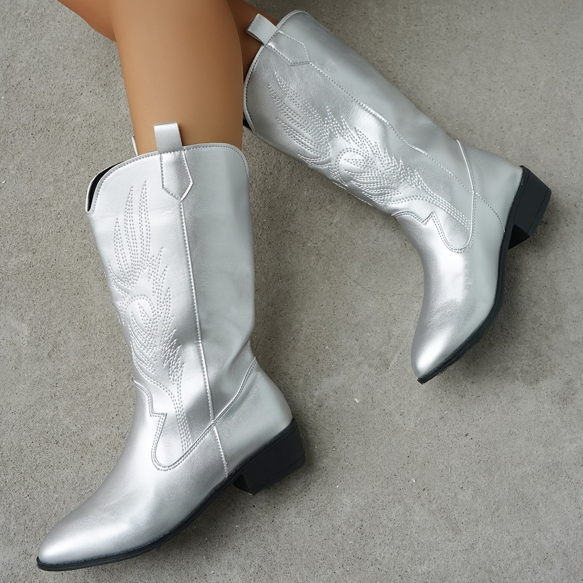 Metallic cowboylaarzen dames zilver met borduursel - brede kuit