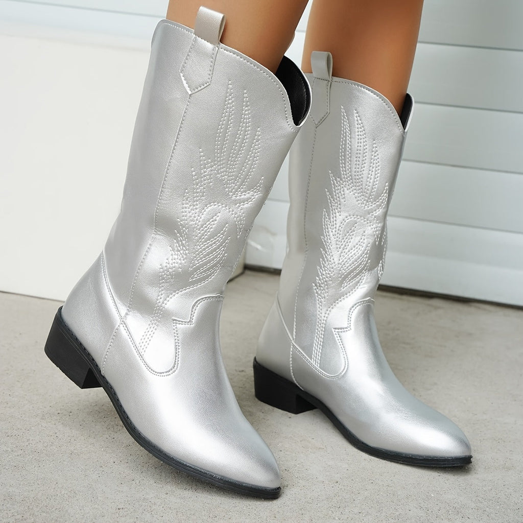 Metallic cowboylaarzen dames zilver met borduursel - brede kuit