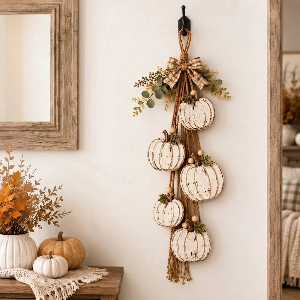 Rustieke decoratie van 5 witte pompoenen voor de herfst 2