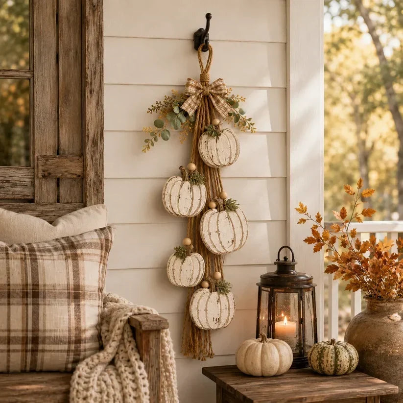Rustieke decoratie van 5 witte pompoenen voor de herfst 3