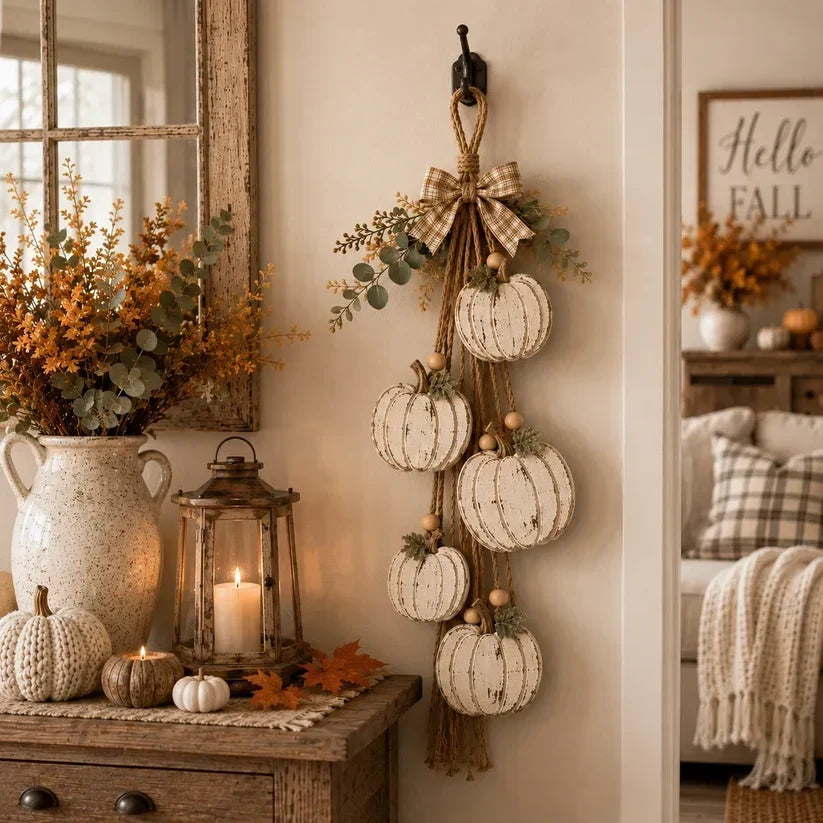 Rustieke decoratie van 5 witte pompoenen voor de herfst 4