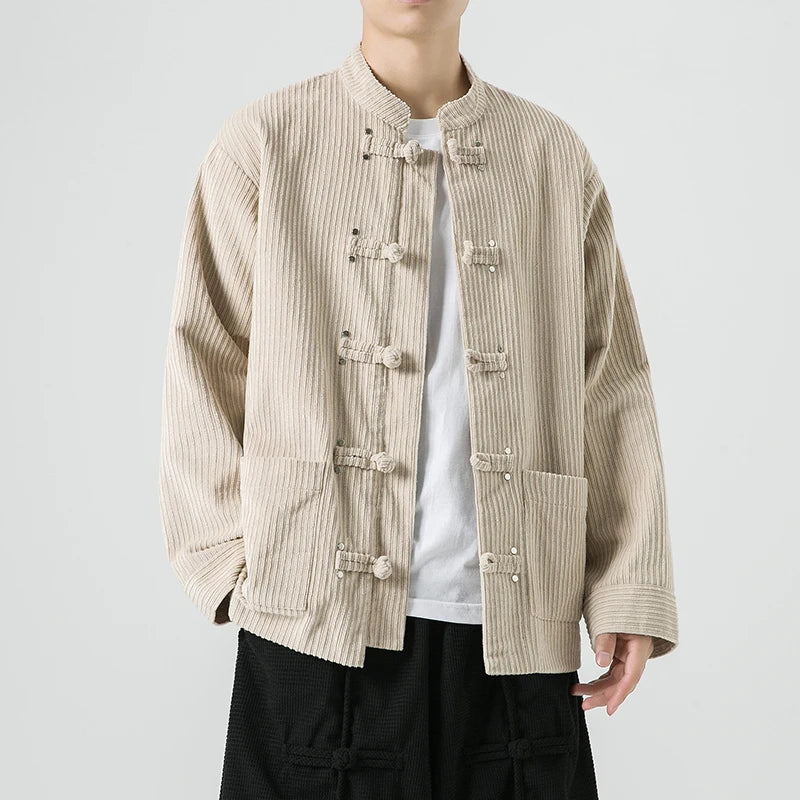 Stijlvolle heren Mandarin kraag corduroy jas met unieke ribbelstructuur.
