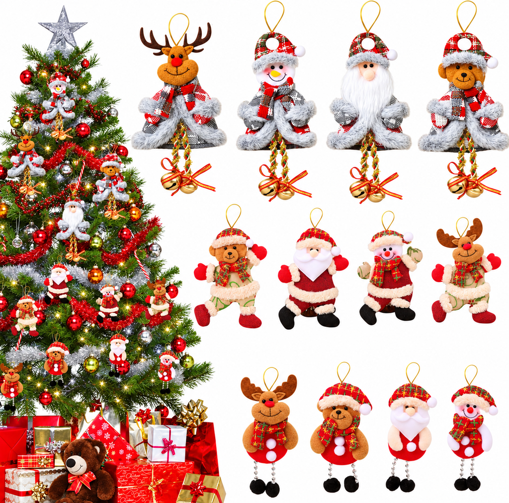 Set van 12 schattige kerstdecoraties in peluche voor de kerstboom.