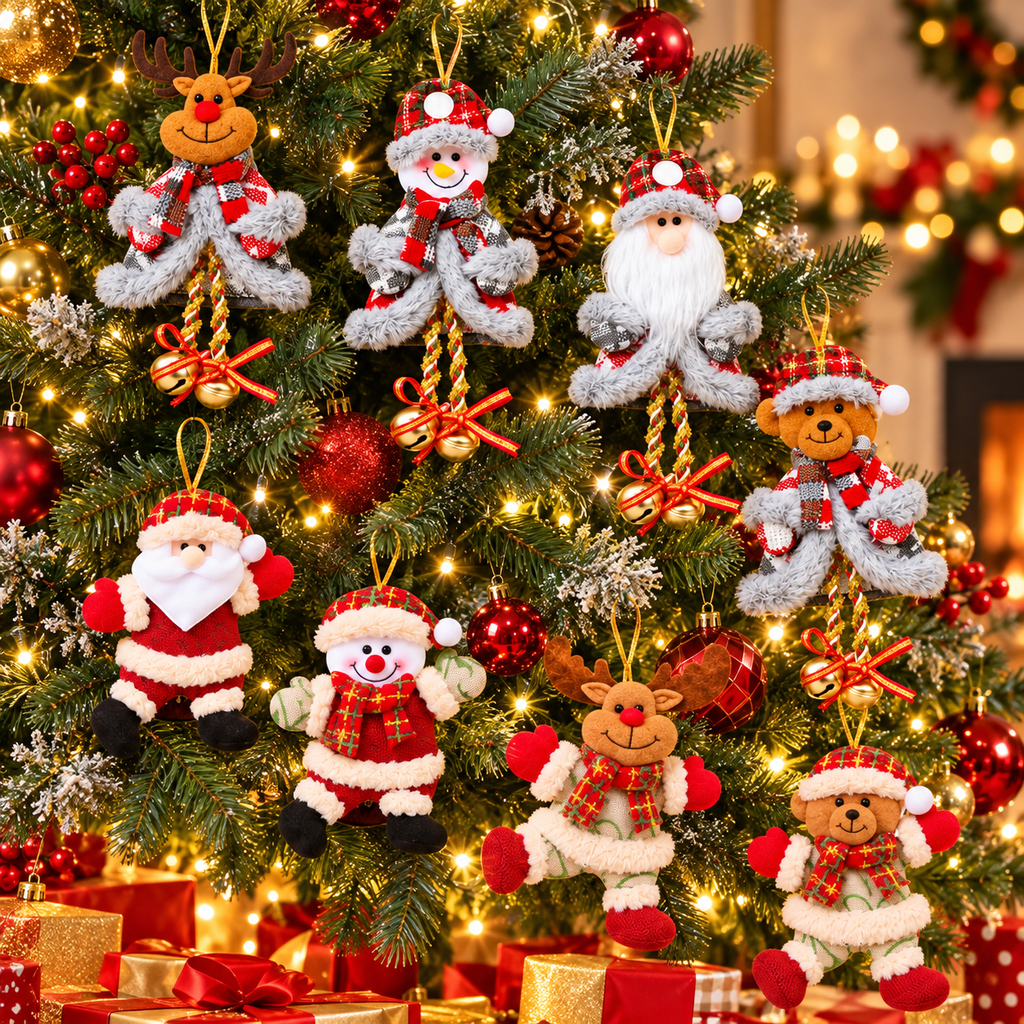 Set van 12 schattige kerstdecoraties in peluche voor de kerstboom. 7