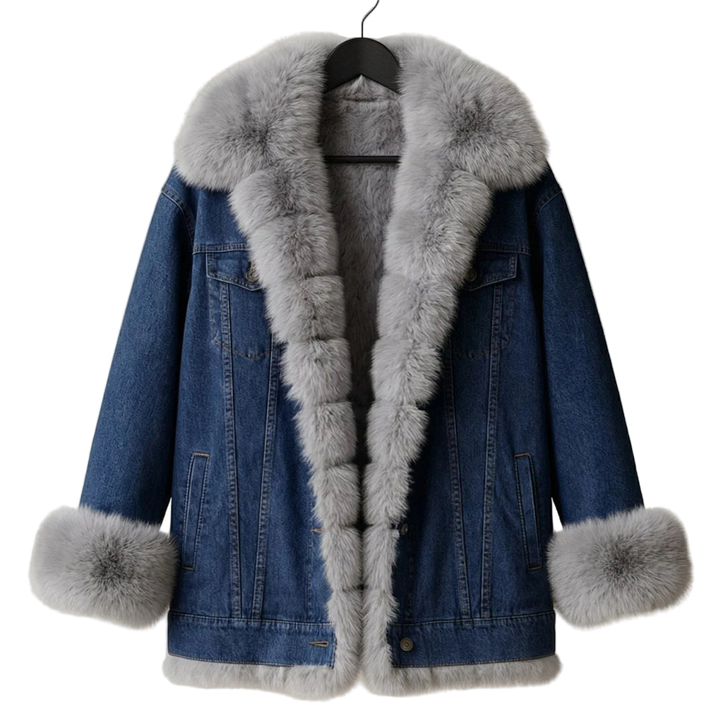 Dames lange mouwen denim jas met luxe bontkraag