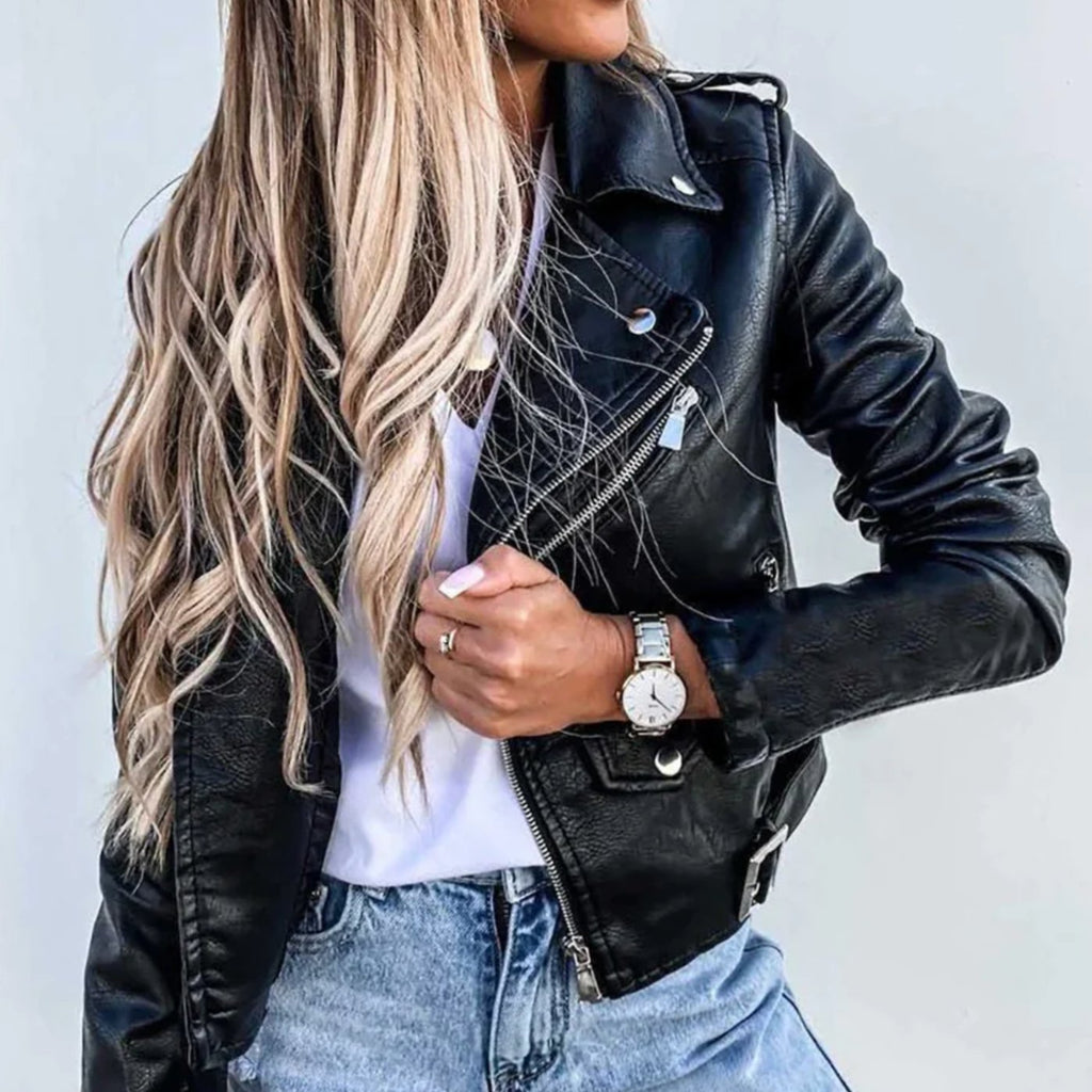 Vrouwen faux leren asymmetrische rits moto biker jas in zwart 2
