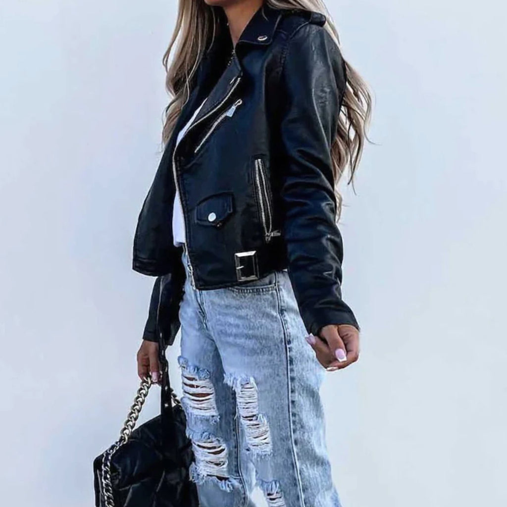 Vrouwen faux leren asymmetrische rits moto biker jas in zwart 4