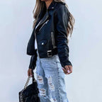 Vrouwen faux leren asymmetrische rits moto biker jas in zwart 4