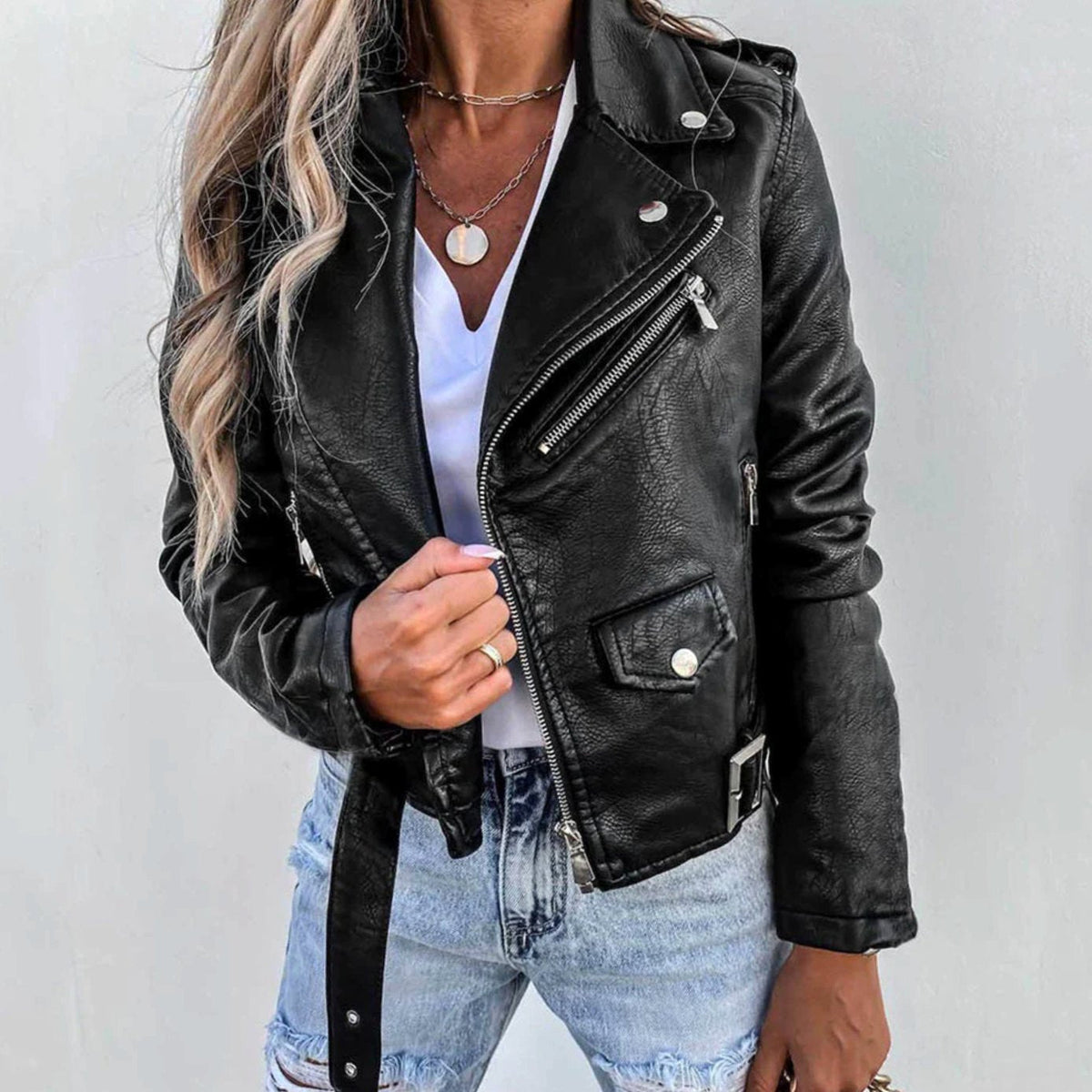 Vrouwen faux leren asymmetrische rits moto biker jas in zwart 5