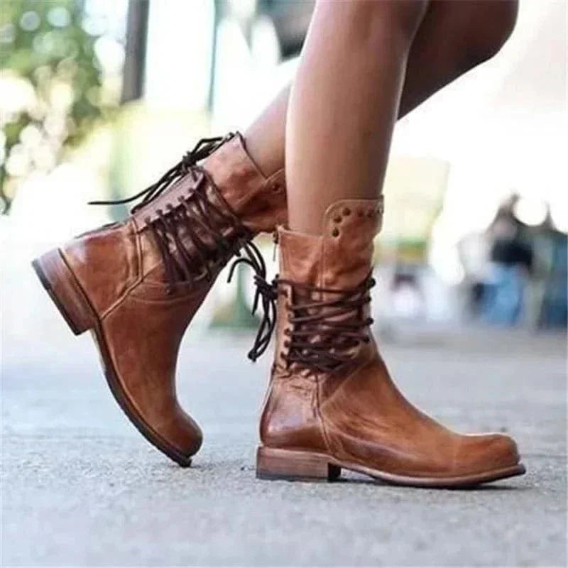 Western enkellaarsjes dames met veters en studs - lage blokhak
