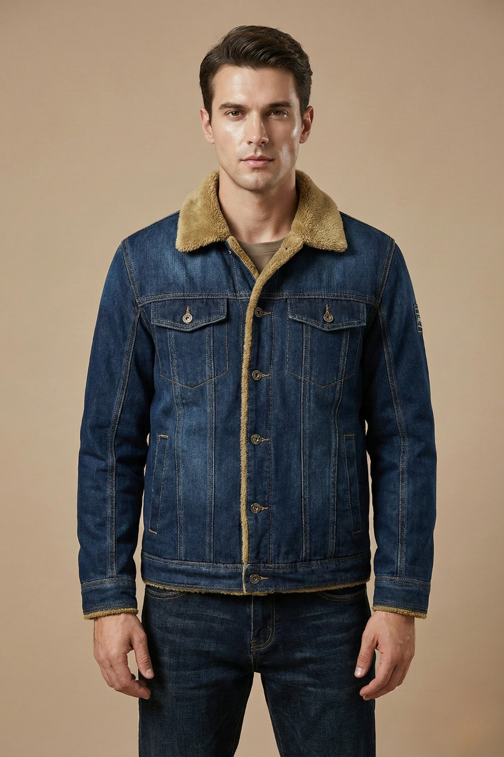 Stijlvolle heren denim jas met sherpa kraag