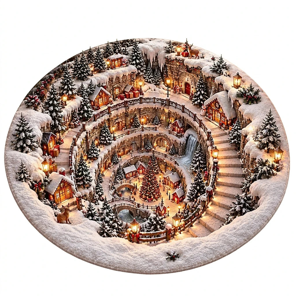 Winterse Kerstdorp Ronde Vloerkleed met gequilted design in levendige kleuren
