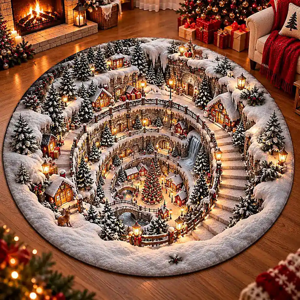Winterse Kerstdorp Ronde Vloerkleed met gequilted design in levendige kleuren 2