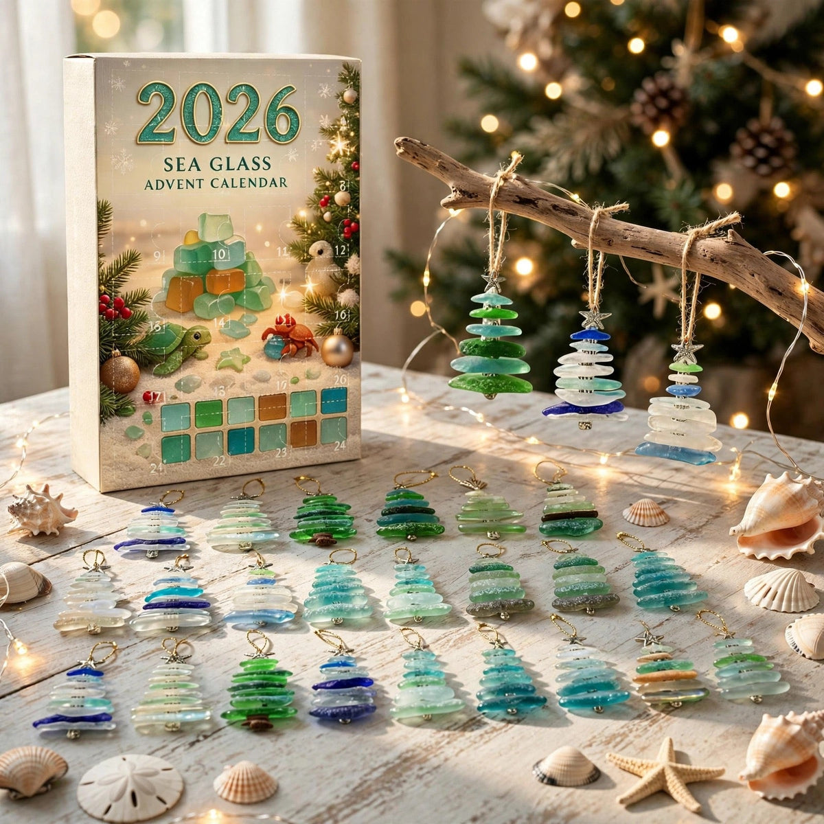 Zeeglas Kerstboom Adventskalender 2026 - 24 Kerstboomhangers van Zeeglas